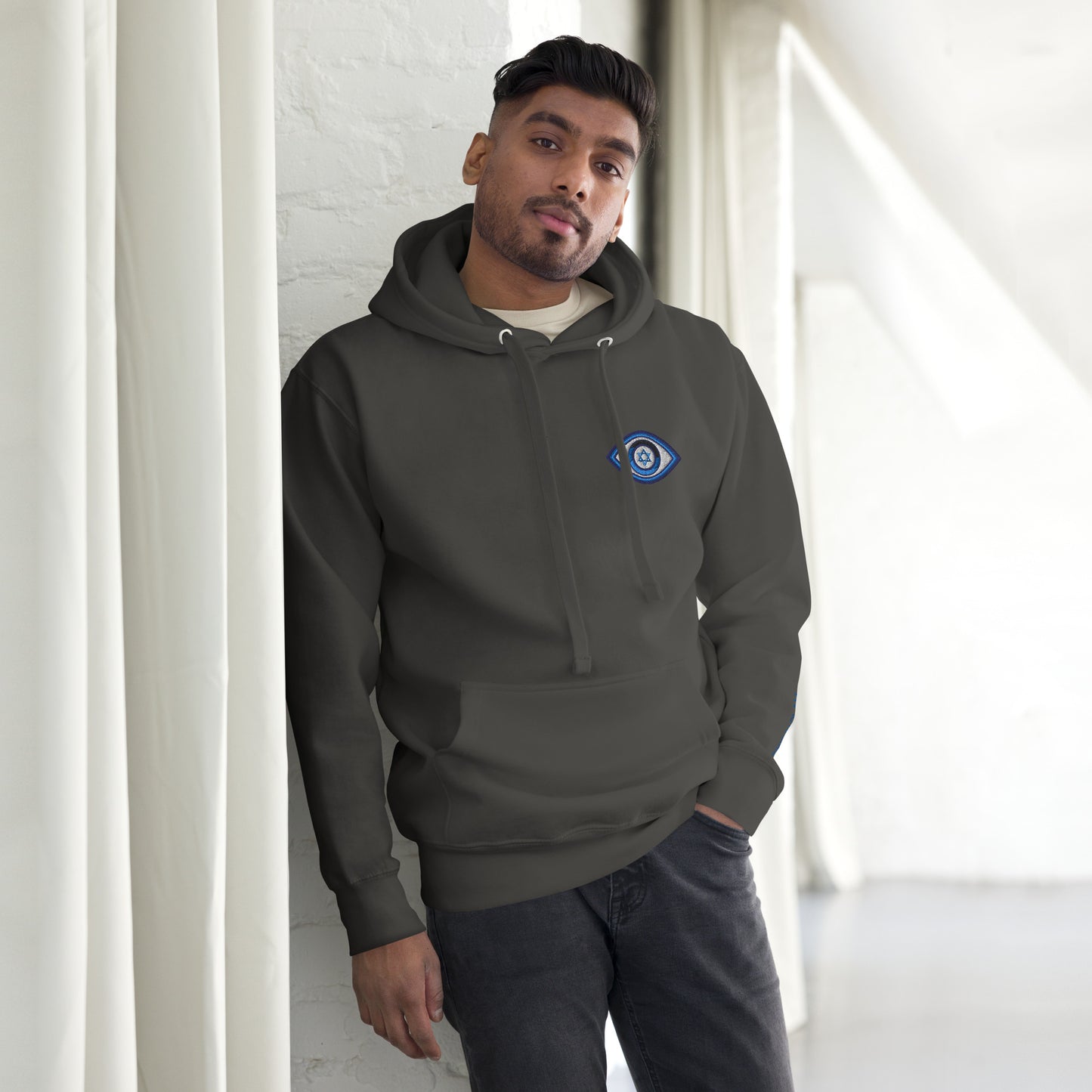 Blue Evil Eye Unisex Premium Pullover Hoodie (Vintage Black)