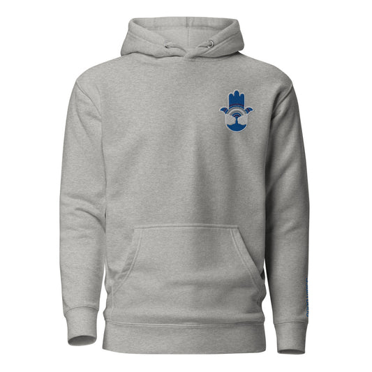 Blue Hamsa Rainbow Unisex Premium Pullover Hoodie (Carbon Grey)