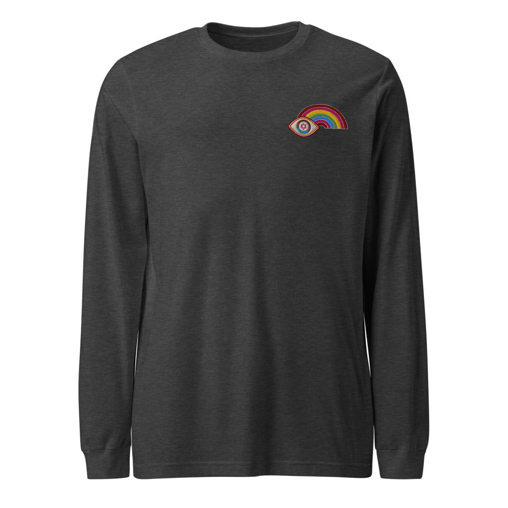 Multicolor Rainbow Evil Eye Unisex Long Sleeve Tee (Dark Grey Heather)