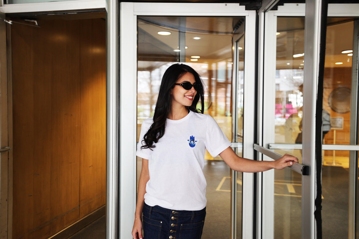 Blue Evil Eye Hamsa Unisex T-Shirt (White)