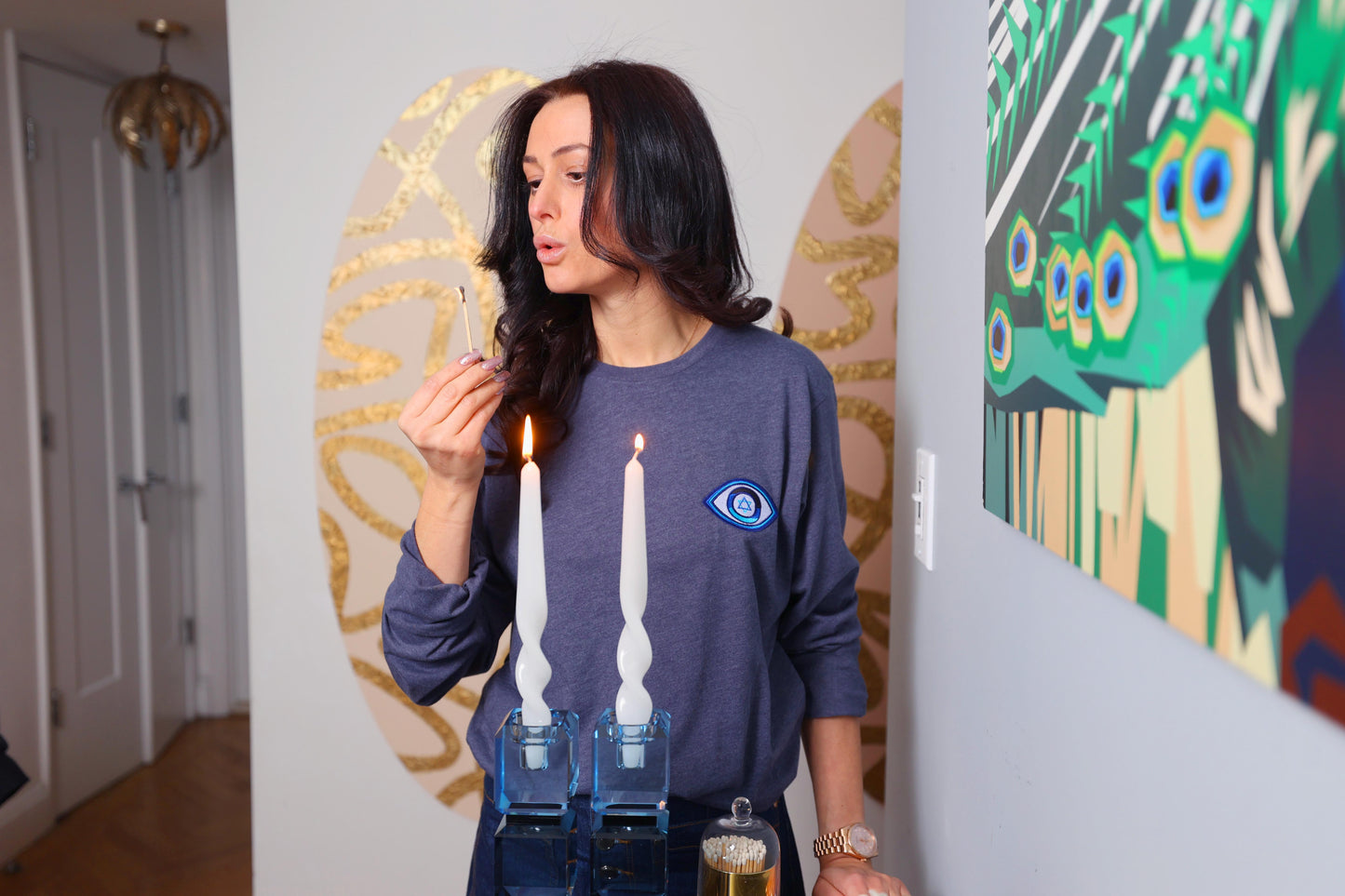 Blue Evil Eye Unisex Long Sleeve Tee (Heather Navy)
