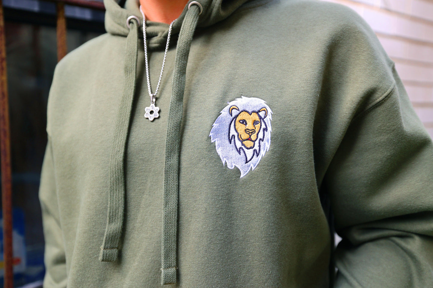 Greyscale Lion Modeh Ani Premium Pullover Hoodie (Military Green)