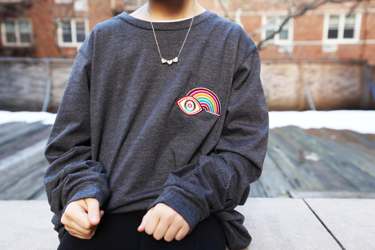 Multicolor Rainbow Evil Eye Unisex Long Sleeve Tee (Dark Grey Heather)