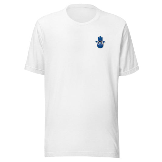 Blue Evil Eye Hamsa Unisex T-Shirt (White)