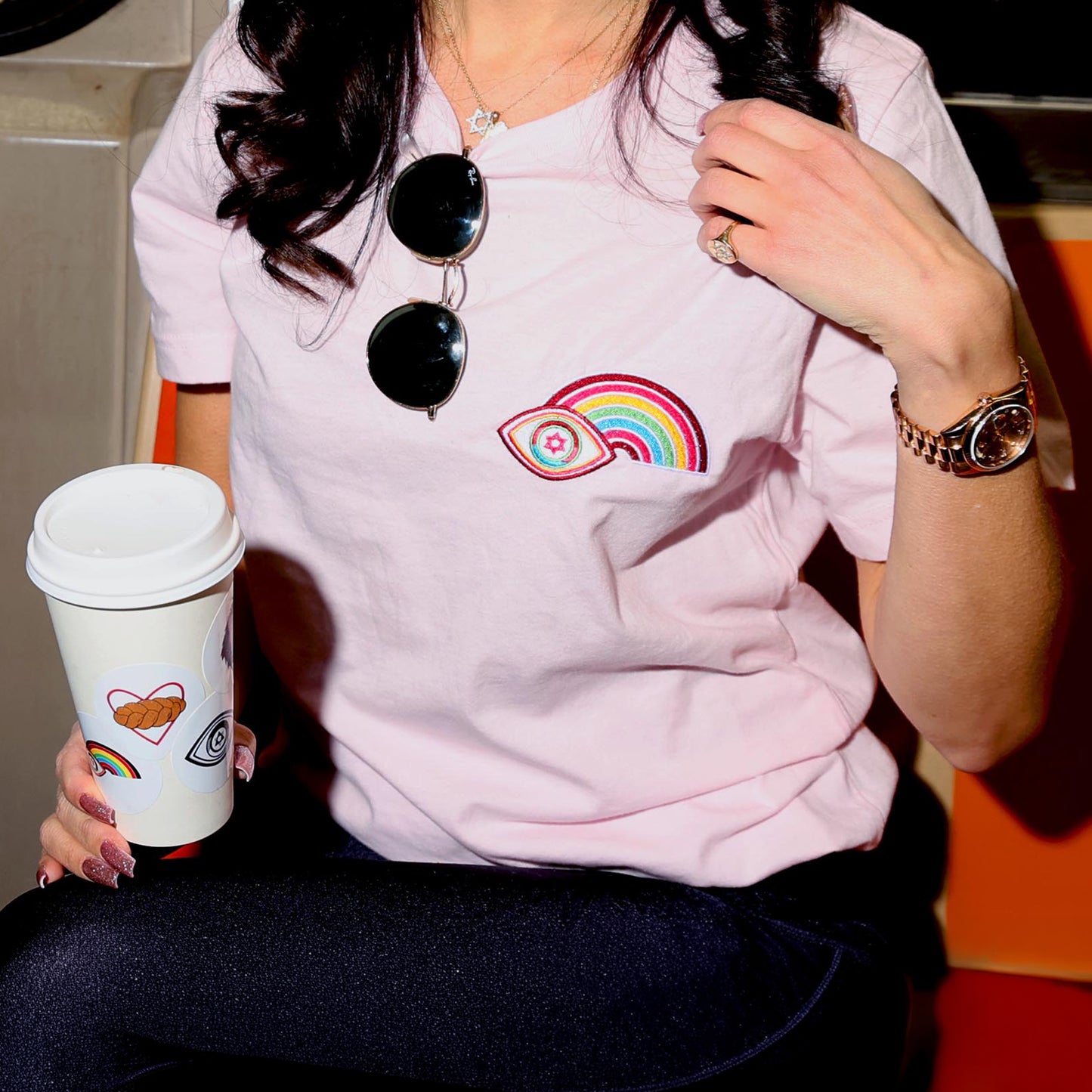 Multicolor Rainbow Evil Eye Youth T-Shirt (Soft Pink)